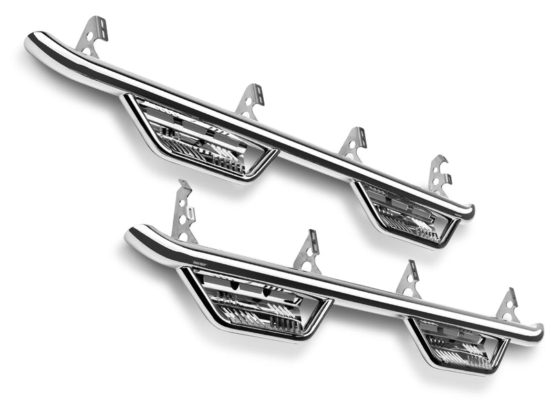 N-Fab Podium cab length nerf step bars in polished stainless, pair on white