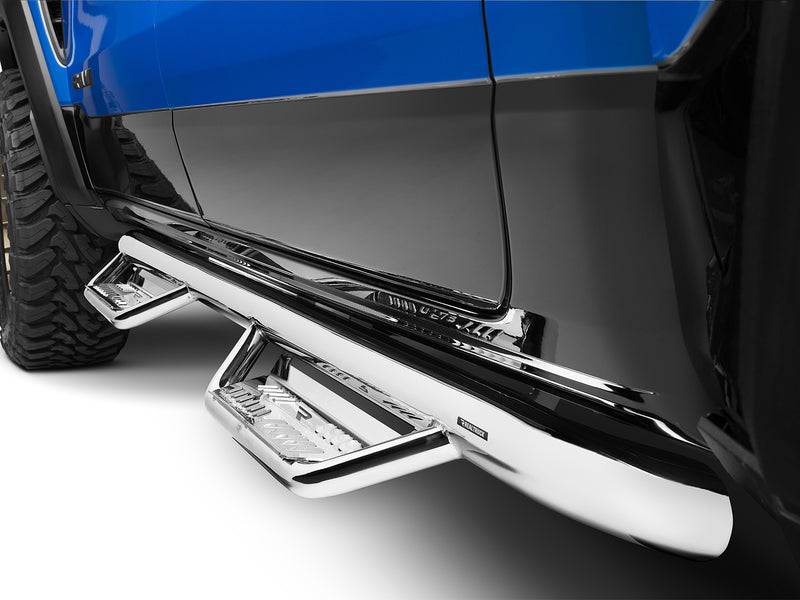 N-Fab Podium cab length nerf step bars in polished stainless, low view, installed along the rocker