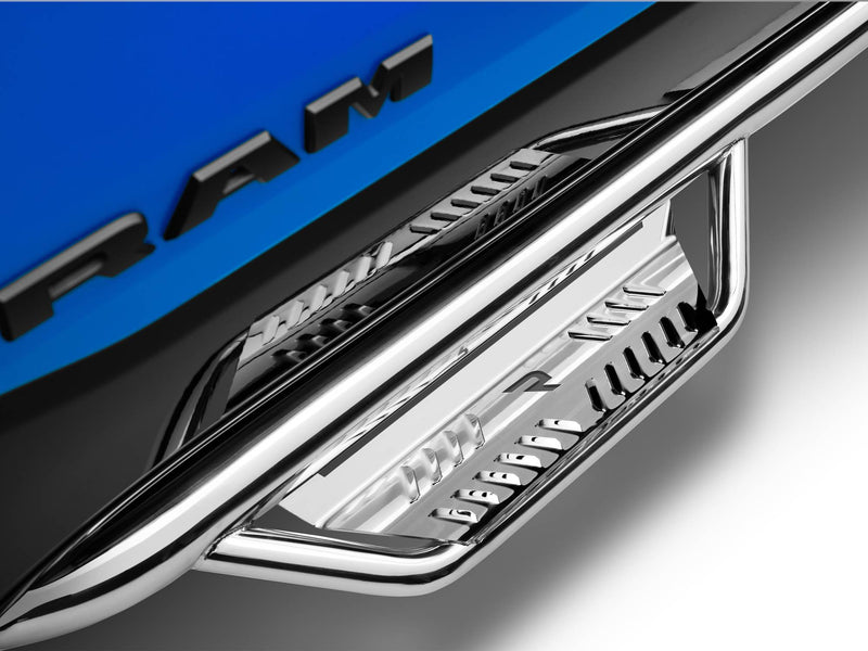 N-Fab Podium cab length nerf step bars in polished stainless, step close-up