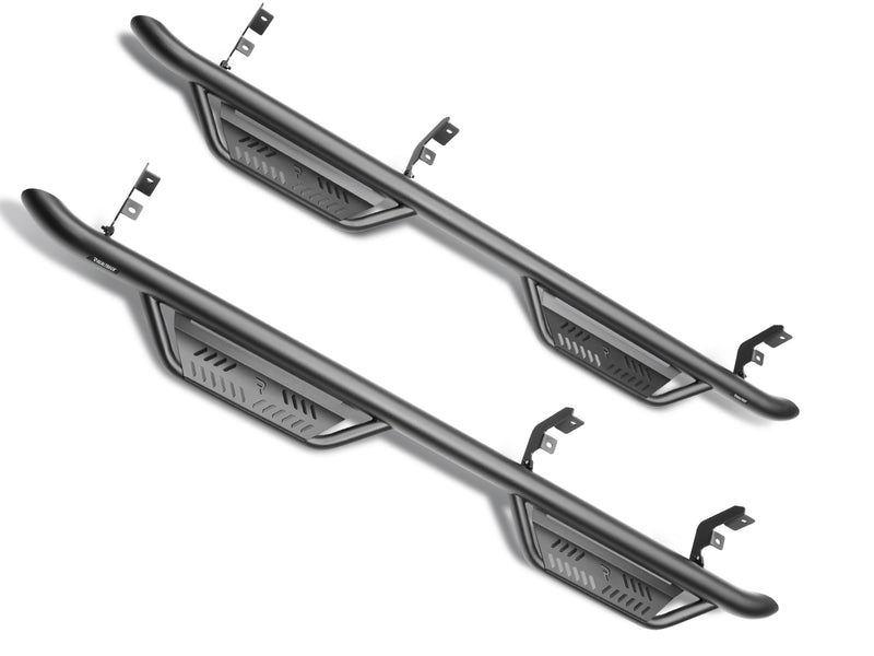 N-Fab Podium cab length nerf step bars in textured black, pair on white (shown in a multi-step layout; this part has 1 step per side)