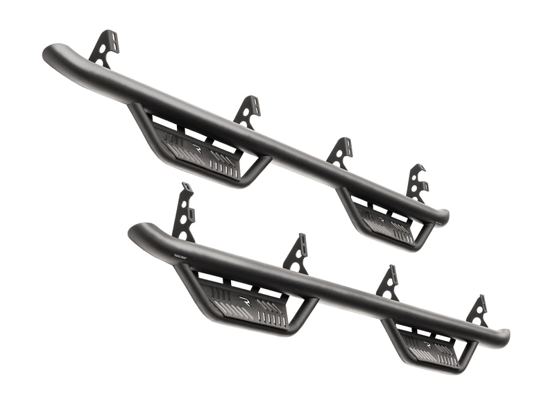 N-Fab Podium cab length nerf step bars in textured black, pair on white, brackets vary by vehicle
