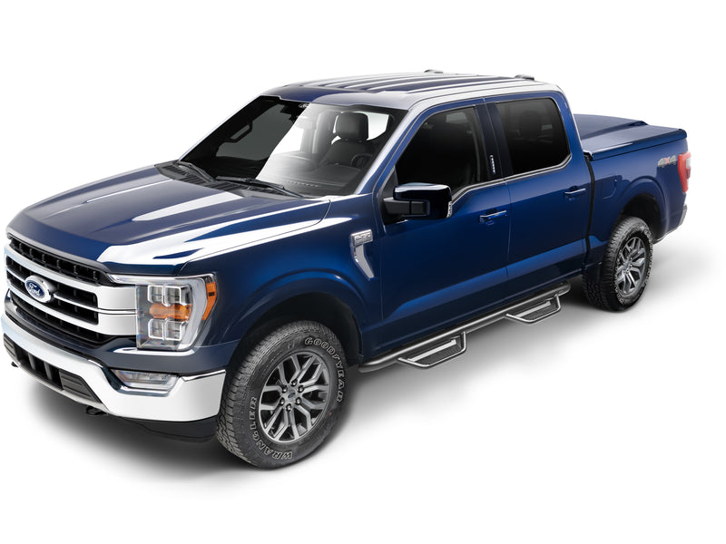 N-Fab Podium cab length steps in textured black, front three-quarter view, shown with a bed cover (not included)