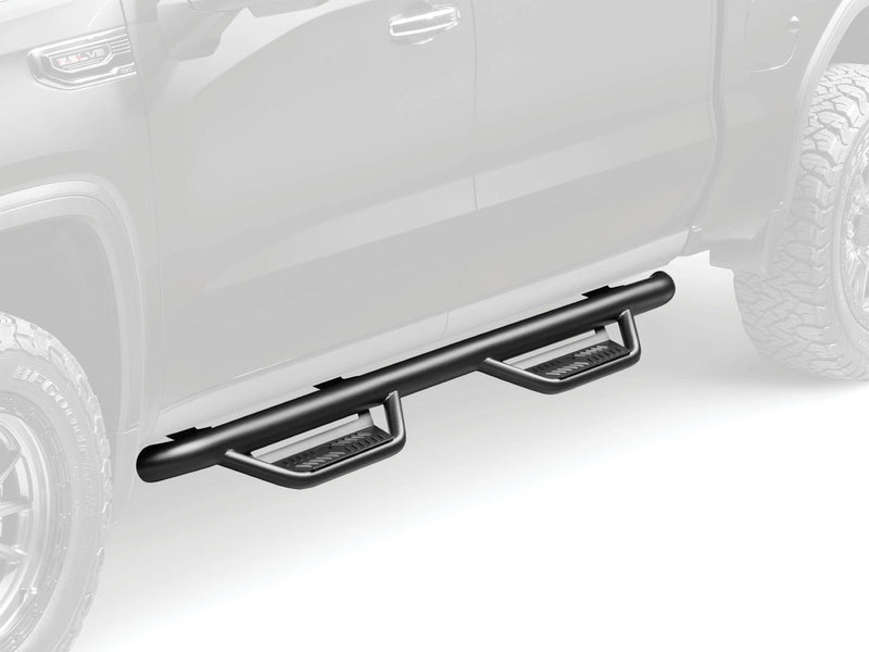 N-Fab Podium cab length nerf step bars in textured black, ghosted vehicle illustration showing the installed product, on a GMC Sierra 1500