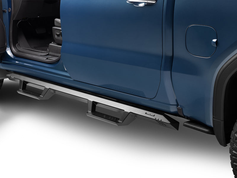 N-Fab Predator Pro nerf steps in textured black, installed along the rocker below an open door, on a GMC Sierra 1500