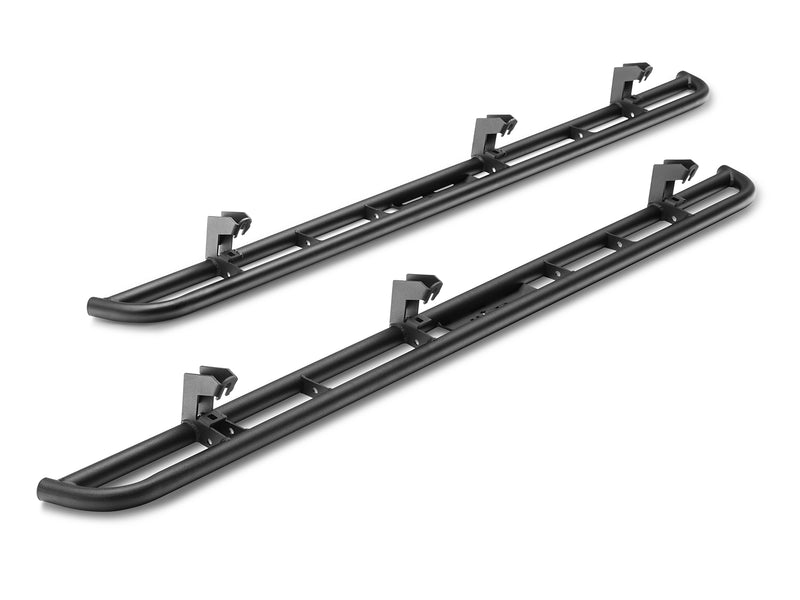 N-Fab RKR Rails in textured black, pair on white, brackets vary by vehicle