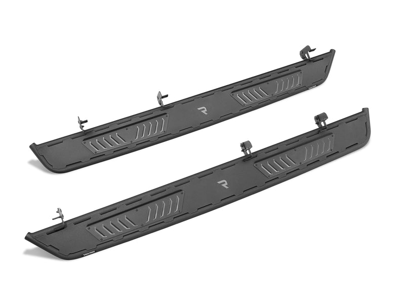 N-Fab Roan running boards in textured black, pair on white, brackets vary by vehicle