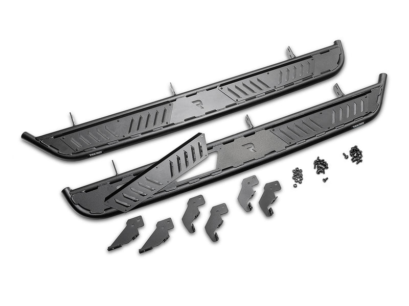 N-Fab Roan running boards in textured black, kit contents laid out on white