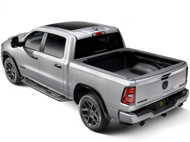 N-Fab Roan running boards in textured black, rear three-quarter view, shown with a rear bumper (not included)