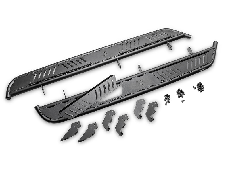 N-Fab Roan running boards in textured black, kit contents laid out on white