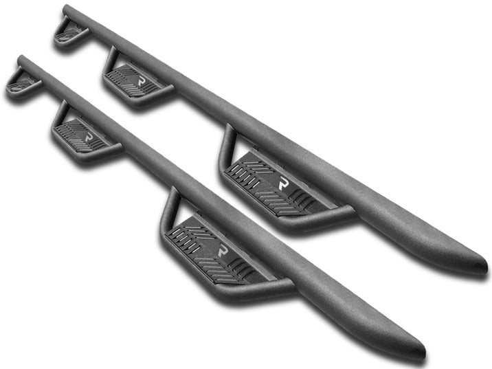 N-Fab Podium bed access nerf step bars in textured black, pair on white, brackets vary by vehicle