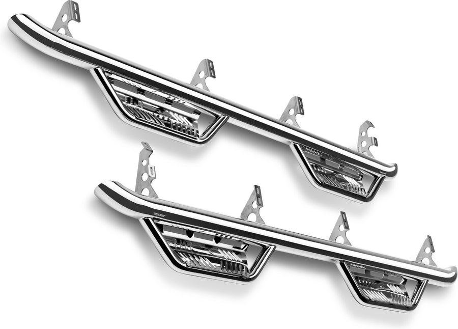 N-Fab Podium cab length nerf step bars in polished stainless, pair on white, brackets vary by vehicle