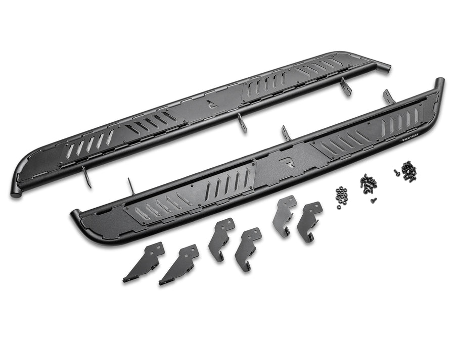 N-Fab Roan running boards in textured black, kit contents laid out on white