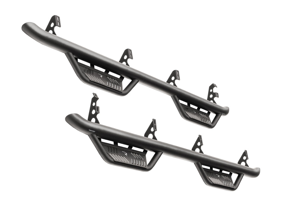 N-Fab Podium cab length nerf step bars in textured black, pair on white, brackets vary by vehicle