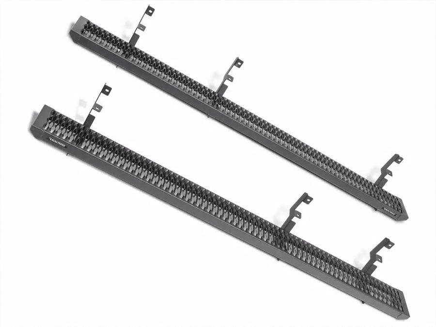N-Fab Growler Fleet side steps in textured black, pair on white, brackets vary by vehicle
