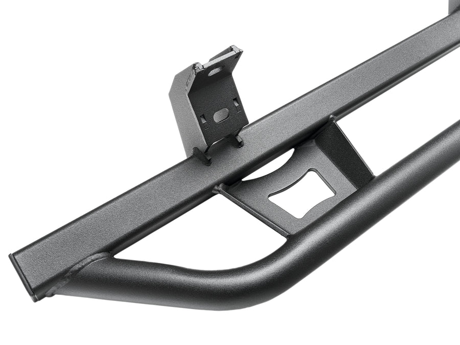 N-Fab TrailSlider step system in textured black, welded joint close-up on white