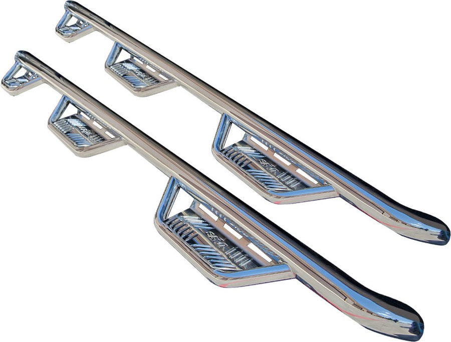 N-Fab Podium bed access nerf step bars in polished stainless, pair on white, brackets vary by vehicle