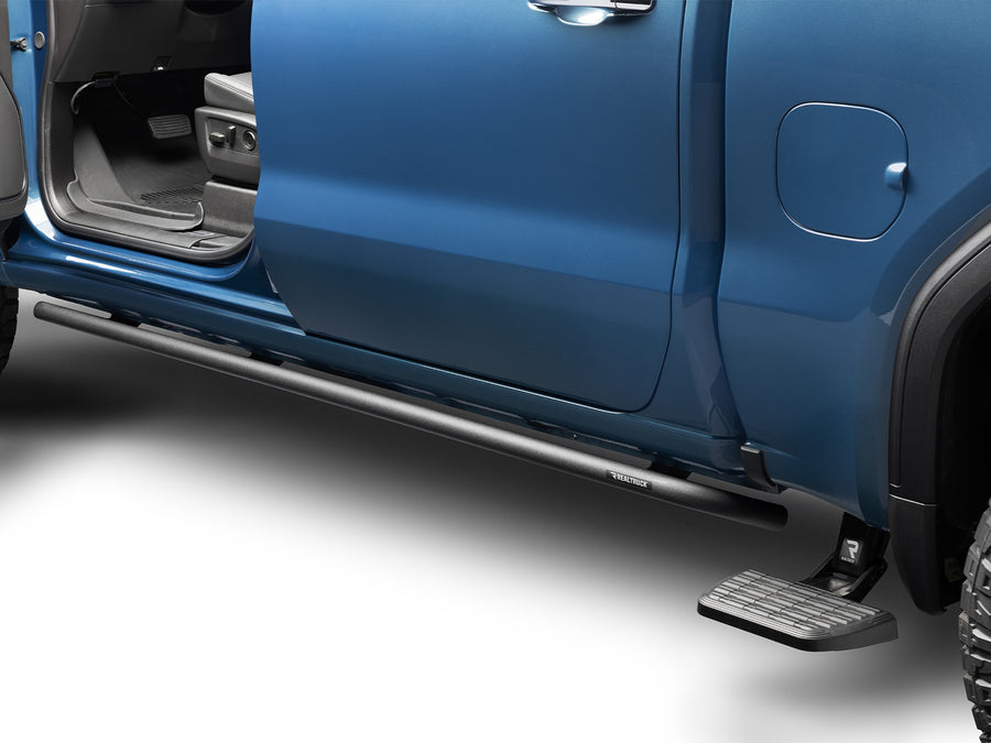 N-Fab RKR Rails in textured black, installed along the rocker below an open door, shown with accessories (not included)