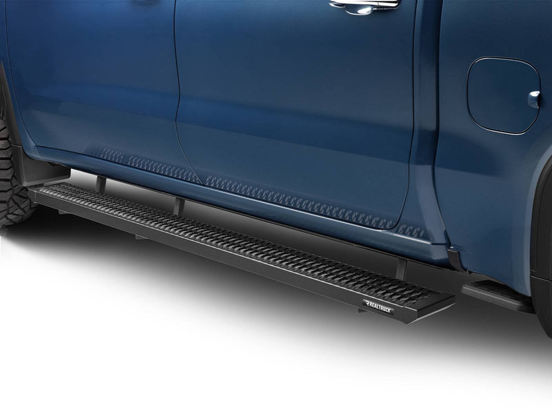 Side view along a blue crew cab with doors closed above a full-length N-Fab Growler Fleet grip-plate side step