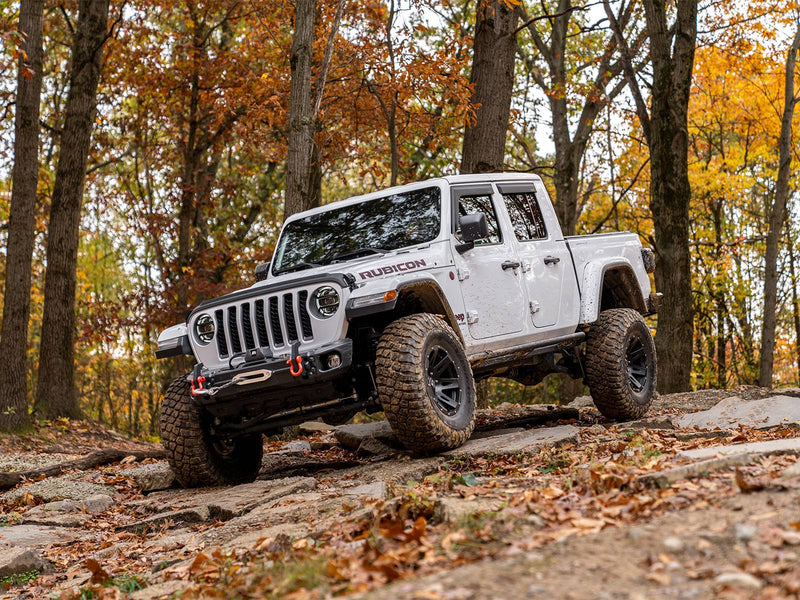 N-Fab TrailSlider step system in textured black, front three-quarter view, shown with a winch (not included)
