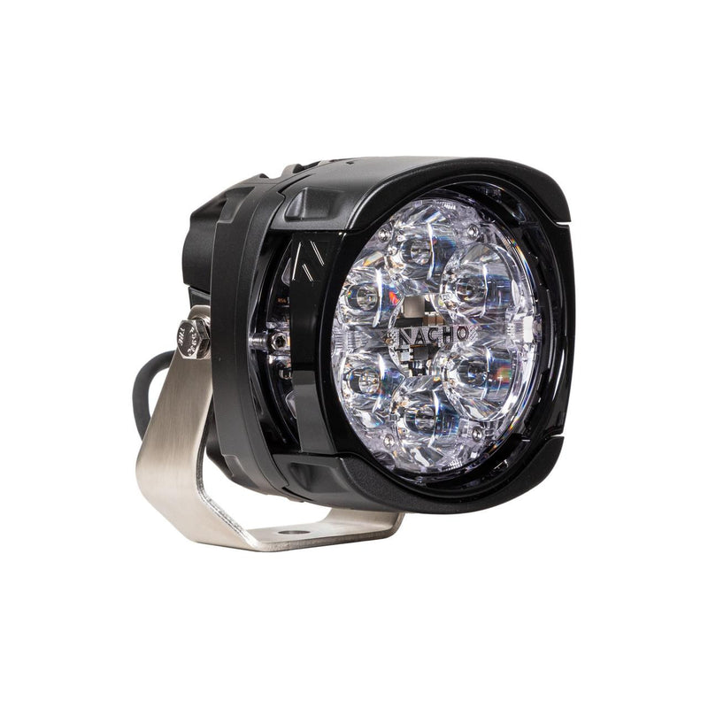 NACHO Quatro spot LED auxiliary light at an angle, squared black housing with a clear lens over eight deep round reflector cups arranged in a circle, NACHO lettering across the lens center and a stainless mount bracket