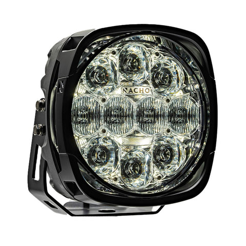 NACHO Grande LED driving light face on, large squared 7 inch housing with a clear lens over a mixed array of round reflectors and central lenticular optics, NACHO lettering across the lens and a black surface mount bracket