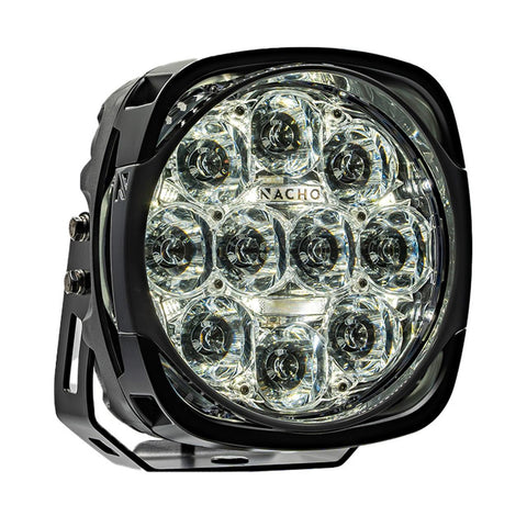 NACHO Grande Supreme LED driving light face on, large squared 7 inch housing with a clear lens over a dense reflector array, NACHO lettering across the lens center and a black mount bracket at the base
