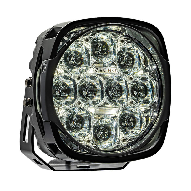 NACHO Grande Supreme LED driving light face on, large squared 7 inch housing with a clear lens over a dense reflector array, NACHO lettering across the lens center and a black mount bracket at the base