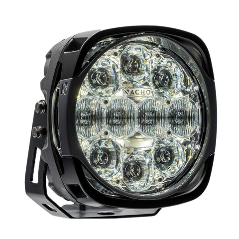 NACHO Grande Supreme LED driving light face on, large squared 7 inch housing with a clear lens over a dense mixed optic array, NACHO lettering across the lens and a black surface mount bracket