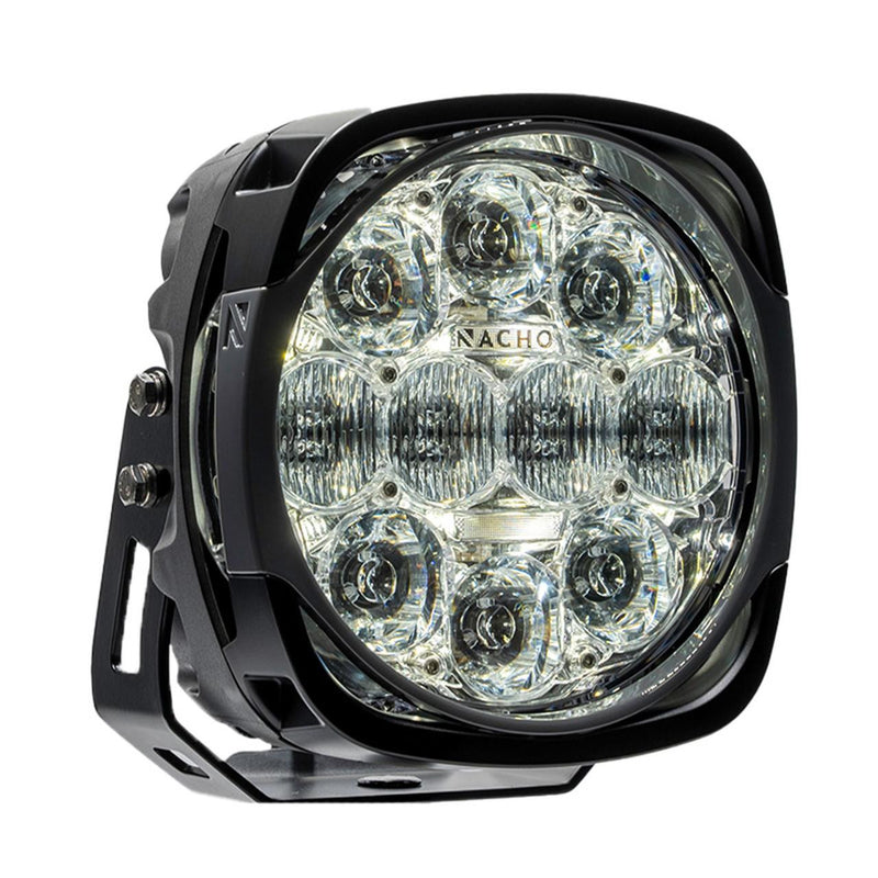 NACHO Grande Supreme LED driving light face on, large squared 7 inch housing with a clear lens over a dense mixed optic array, NACHO lettering across the lens and a black surface mount bracket