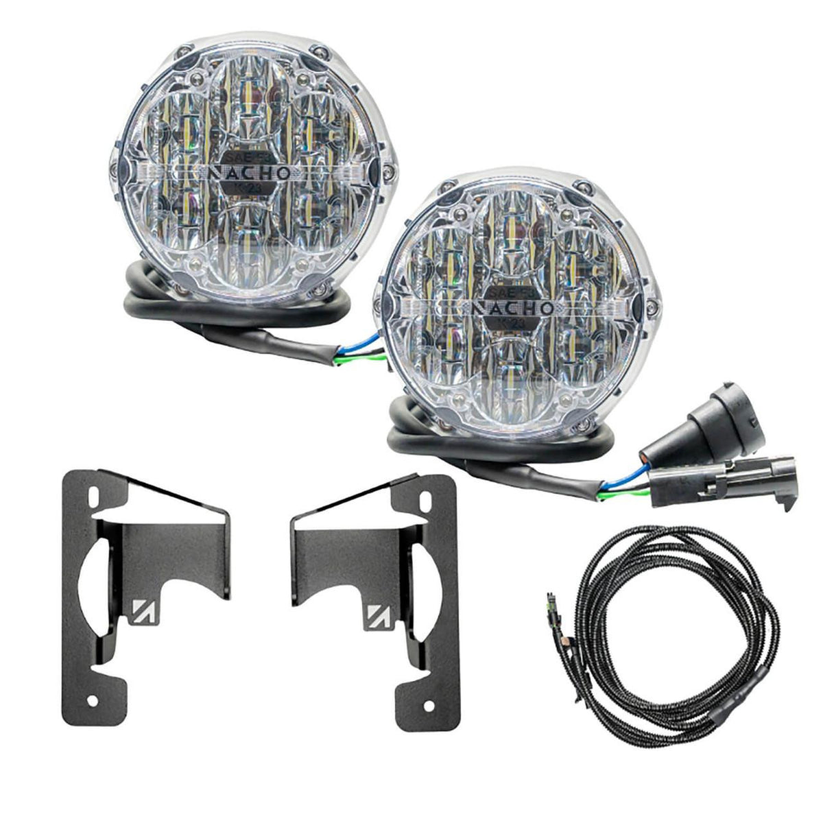 NACHO plug and play fog light kit contents on white: two clear-lens Quatro SAE round lights with pigtail leads, two black mounting brackets and a coiled loomed harness with a fuse tap