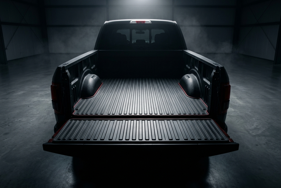 Heavy duty rubber bed mat installed in a pickup truck bed