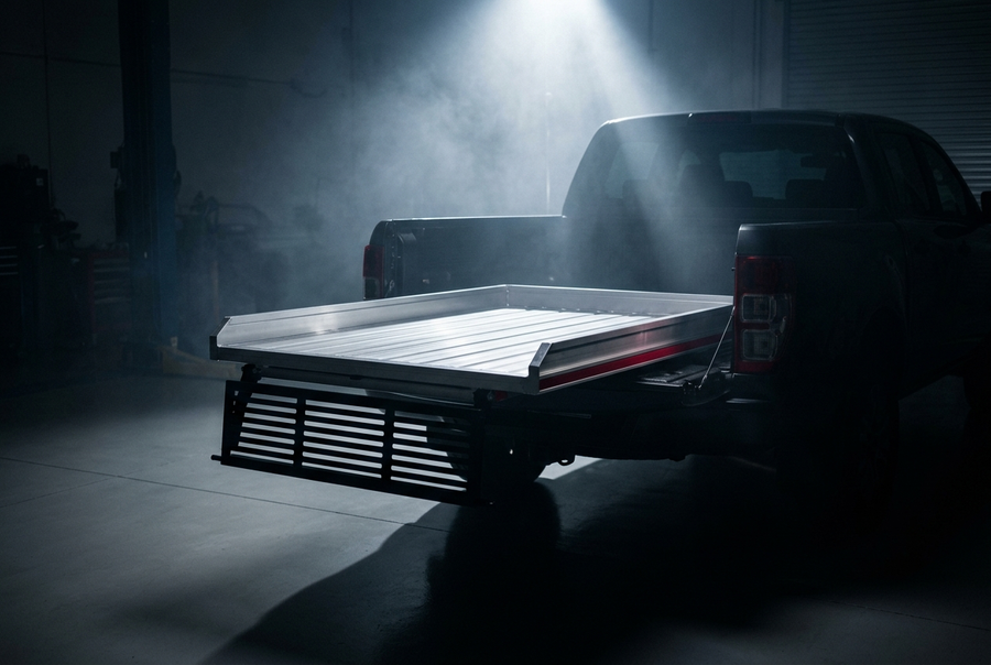 Truck bed cargo slide extended from a pickup bed in a dark workshop