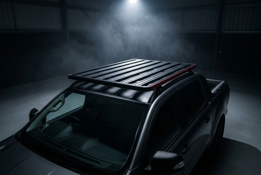 Low profile platform roof rack mounted on a pickup truck cab