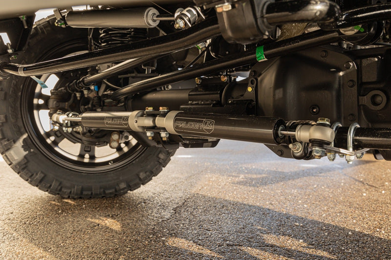ReadyLIFT 10-Lug Dual Steering Stabilizer Kit installed, dual stabilizer under the front axle