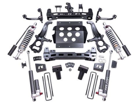 ReadyLIFT 6" MAX3.3 Suspension System With Falcon 3.3 Shocks, full kit on a studio background: Falcon 3.3 coilovers, crossmembers, knuckles, upper control arms and skid plate