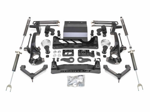 ReadyLIFT 8" Lift Kit With Falcon 1.1 Shocks, full kit on a studio background: crossmembers, knuckles, upper control arms, Falcon shocks and rear blocks