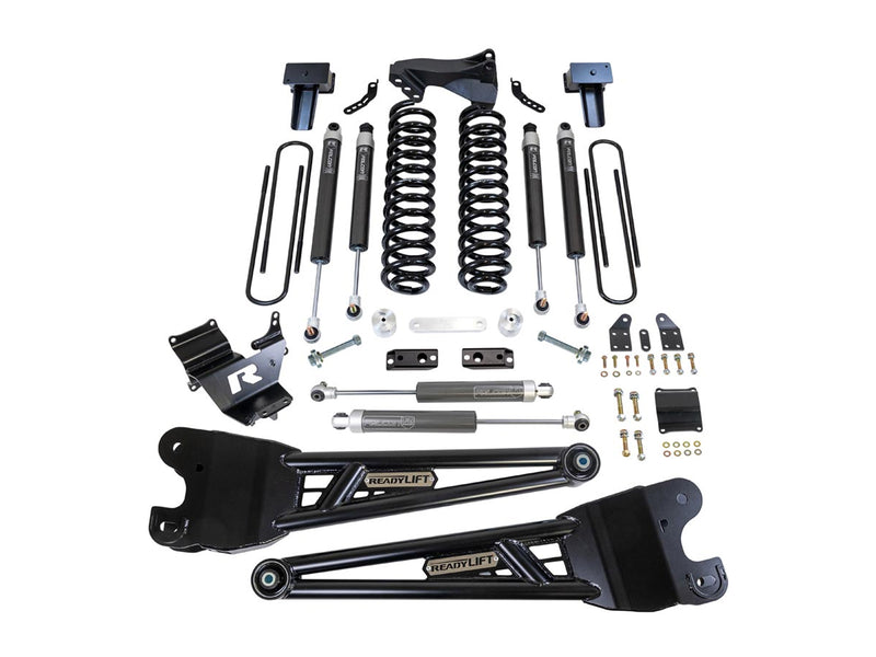 ReadyLIFT 4" Coil Spring Lift Kit With Falcon 1.1 Shocks and Radius Arms, full kit on a studio background: radius arms, coil springs, Falcon 1.1 shocks, steering stabilizer and rear blocks