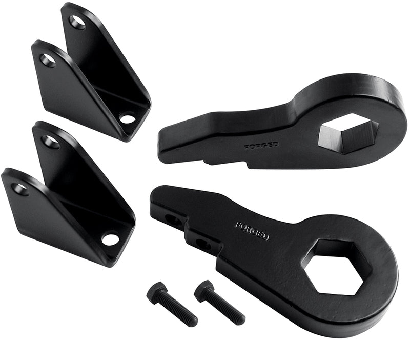 ReadyLIFT 2.5" Front Leveling Kit With Forged Torsion Keys, full kit on a studio background: two black forged torsion keys with front shock extension brackets and bolts