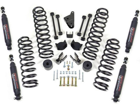 ReadyLIFT 4" Coil Spring Lift Kit With SST3000 Shocks, full kit on a studio background: four coil springs, SST3000 shocks, sway bar end links and brackets