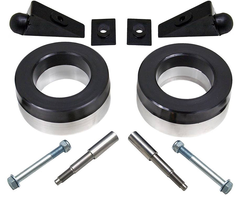 ReadyLIFT leveling kit: two black and silver coil spacers with bump stop blocks, pins and bolts on white