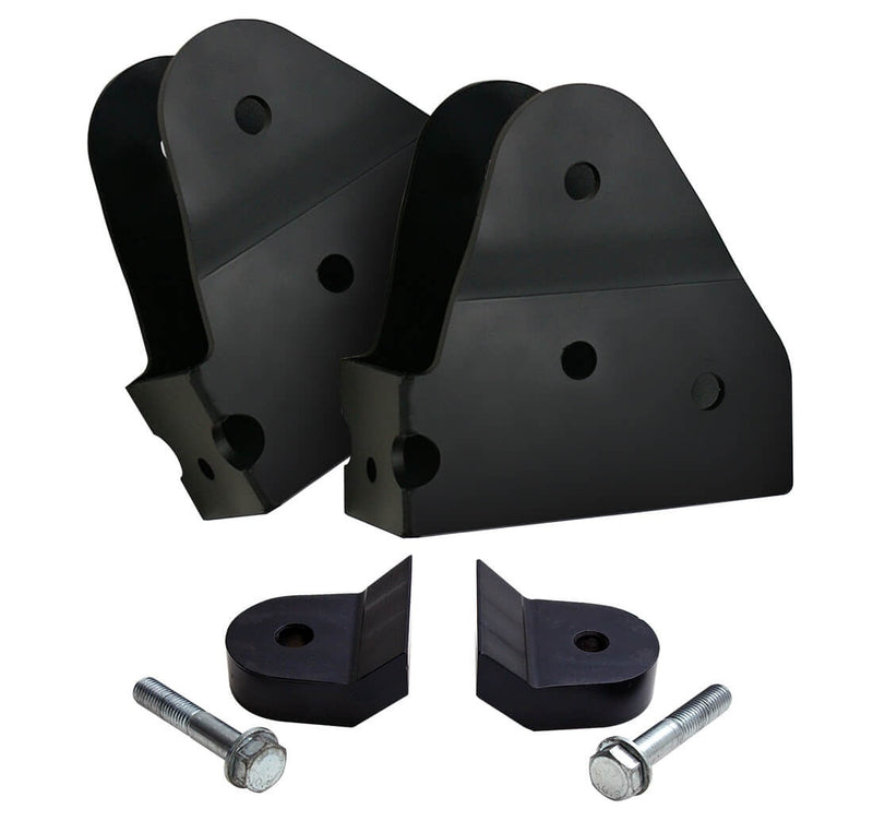 ReadyLIFT radius arm drop brackets with lower coil spacers and bolts, on white