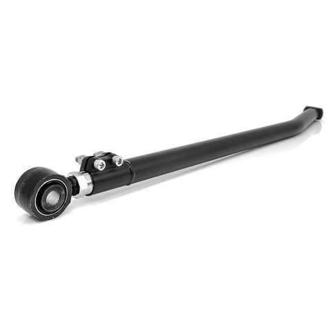 ReadyLIFT Anti-Wobble Track Bar, full kit on a studio background: A black straight front track bar with bushing end and clamp on white