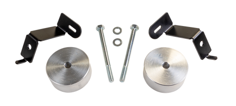 ReadyLIFT Auto-Leveling Headlight 2.5" Lift Bracket Kit, full kit on a studio background: two black brackets, two aluminum spacers and two long bolts on a white strip with black bands