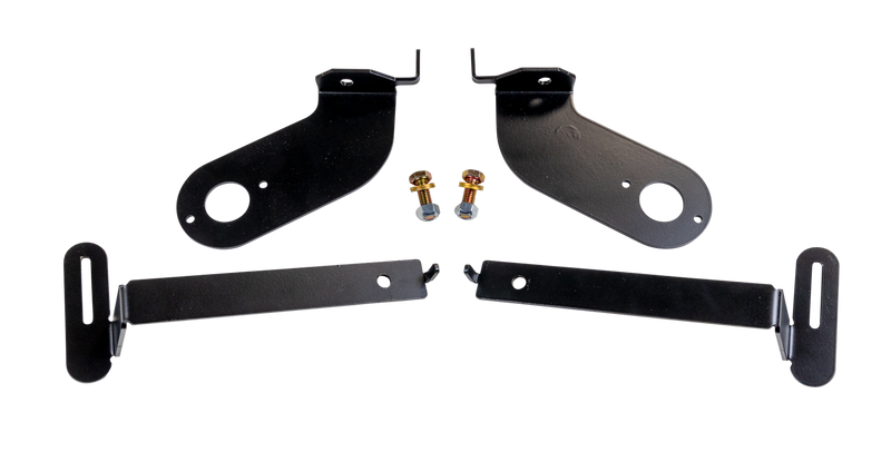 ReadyLIFT Auto-Leveling Headlight 3.5"-6" Lift Bracket Kit, full kit on a studio background: two black headlight leveling brackets, two slotted links and two bolts on a black background