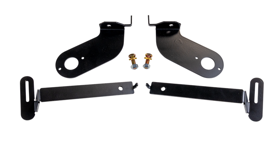 ReadyLIFT Auto-Leveling Headlight 3.5"-6" Lift Bracket Kit, full kit on a studio background: two black headlight leveling brackets, two slotted links and two bolts on a black background
