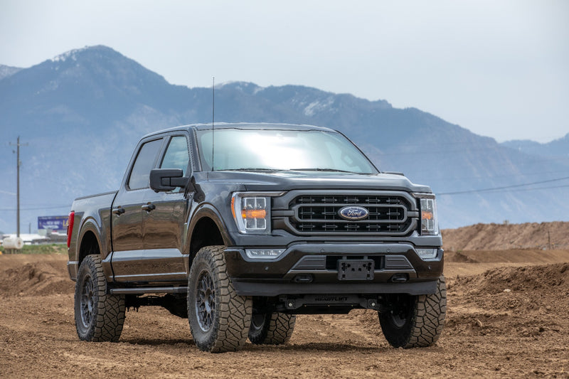 ReadyLIFT Big Lift Kit installed on a Ford F-150: black Ford F-150 crew cab lifted on bronze-tone wheels on a dirt lot with mountains behind