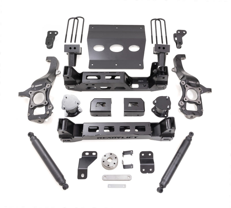 ReadyLIFT Big Lift Kit, full kit on a studio background: ReadyLIFT 6" F-150 kit with knuckles, crossmembers, skid plate, blocks, U-bolts and two black rear shocks on white