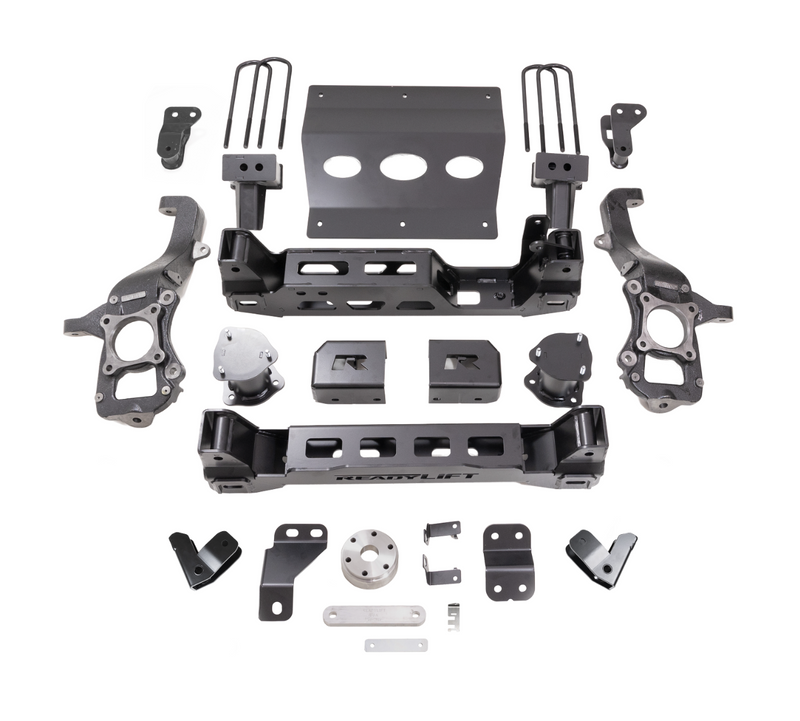 ReadyLIFT Big Lift Kit, full kit on a studio background: ReadyLIFT 6" F-150 kit with knuckles, crossmembers, skid plate, spacers, blocks and U-bolts on white, no shocks