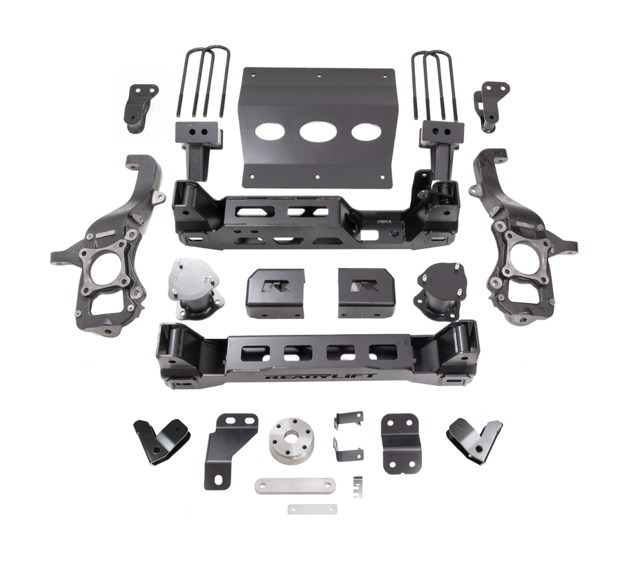 ReadyLIFT Big Lift Kit, full kit on a studio background: ReadyLIFT 6" F-150 kit with knuckles, crossmembers, skid plate, spacers, blocks and U-bolts on white, no shocks