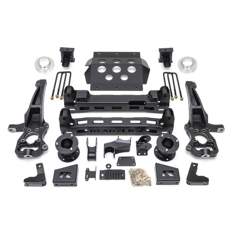 ReadyLIFT Big Lift Kit, full kit on a studio background: ReadyLIFT 6" GM 1500 kit with knuckles, crossmembers, skid plate, spacers, U-bolts and hardware on white